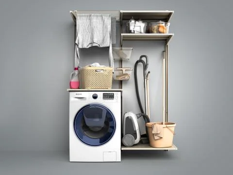 Washing machine and clothes 3d render on grey gradient background Ilustración de archivo