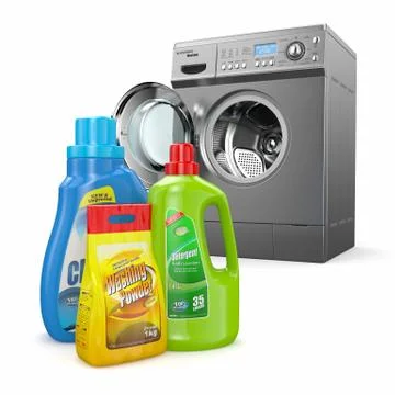 Washing machine and detergent bottles on white backround. 3d Stock Illustration