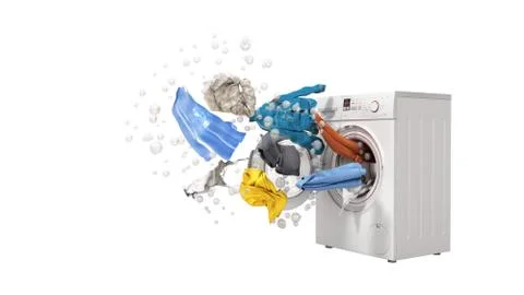 Washing machine and flying clothes on white background no shadow Stock Illustration