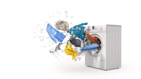 Washing machine and flying clothes on white background Illustrazione stock