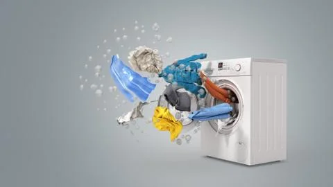 Washing machine and flying clothes on grey background Illustrazione stock