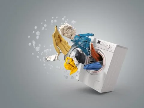 Washing machine and flying clothes on grey background Illustrazione stock
