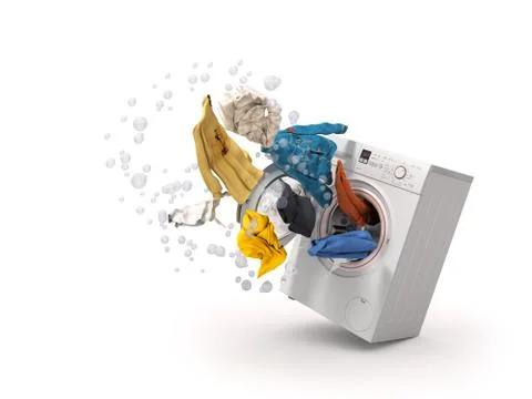 Washing machine and flying clothes on white background Illustrazione stock