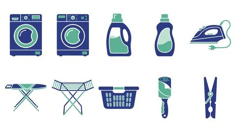 Washing machine and laundry maintenance icon collection with detergent, clo.. Stock Illustration