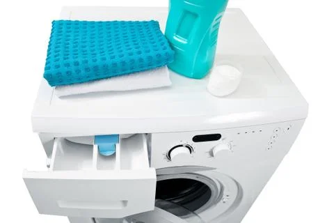 Washing machine and laundry powder for washing. Stock Photos