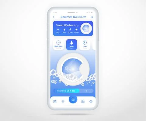 Washing machine app, smart home wash controlled UX UI, IOT Internet of things Stock Illustration