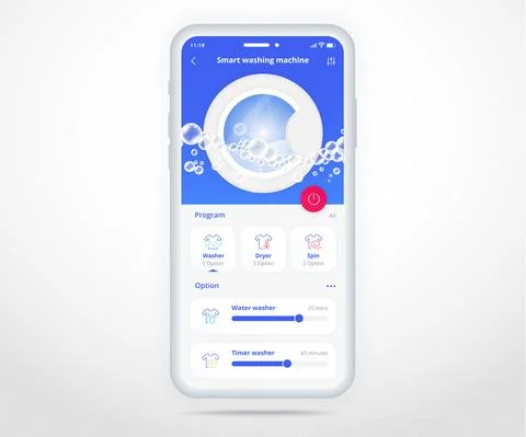 Washing machine app, smart home wash controlled UX UI, IOT Internet of things Stock Illustration