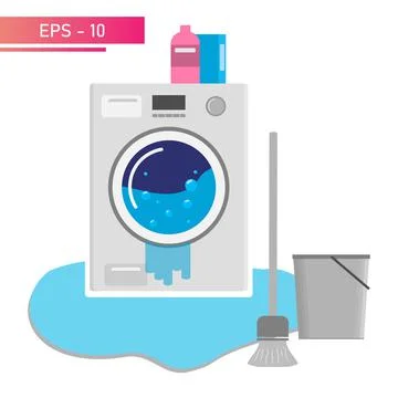 The washing machine broke down, and there was a big puddle on the floor. Bucket Stock Illustration