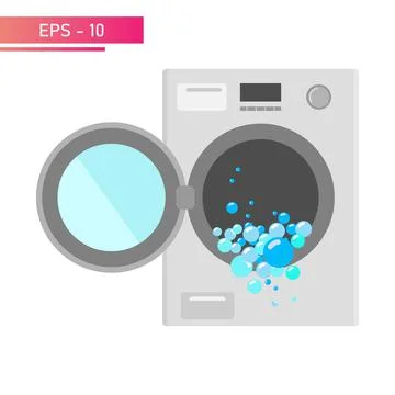 Washing machine with bubbles, opened the door while washing. Realistic design Stock Illustration