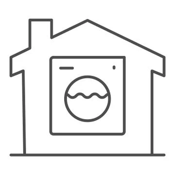 Washing machine in building thin line icon, smart home symbol, remote control Ilustración de archivo