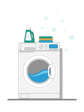 Washing machine with clean clothes, bubbles and detergent. Flat style  Stock Illustration