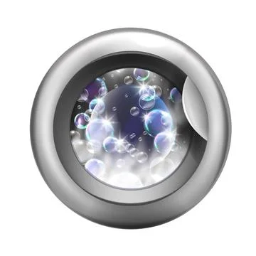 Washing machine closed door logo, 3D laundry washer icon, detergent bubbles Illustrazione stock