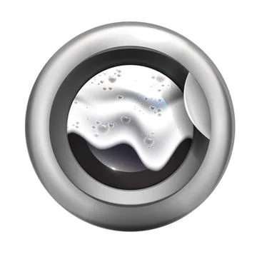 Washing machine closed laundry door logo, detergent bubbles, 3D washer icon Stock Illustration