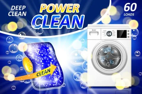 Washing machine detergent tabs ad. Stain remover banner design with realistic Stock Illustration
