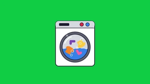 Washing machine drum spinning clothes and bubbles laundry loading animation on Vídeos de archivo 348279846