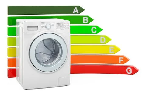 Washing machine with energy efficiency chart, 3D rendering Stock Illustration