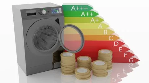 Washing machine. Energy saving. Efficiency classification. 3D illustration 스톡 일러스트