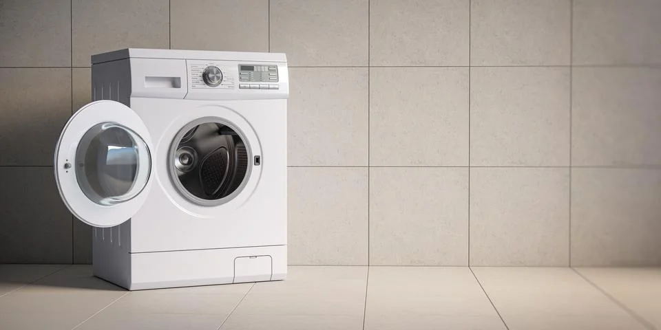 Washing machine on grey wall background. Stock Illustration
