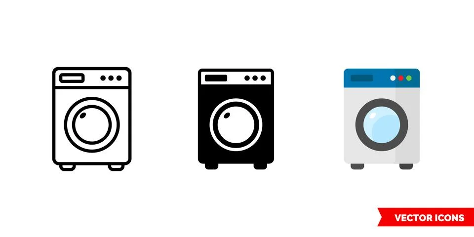 Washing machine icon of 3 types. Isolated vector sign symbol. Stock Illustration