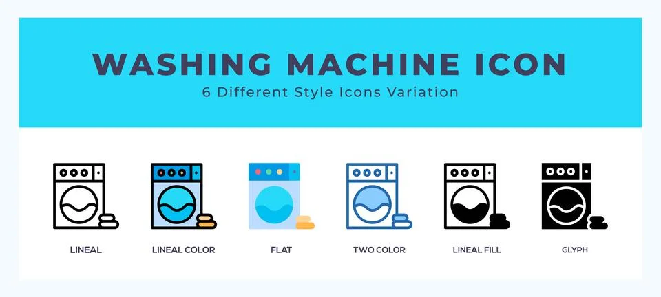 Washing machine icon set with different styles. Design elements for logo. V.. Stock Illustration