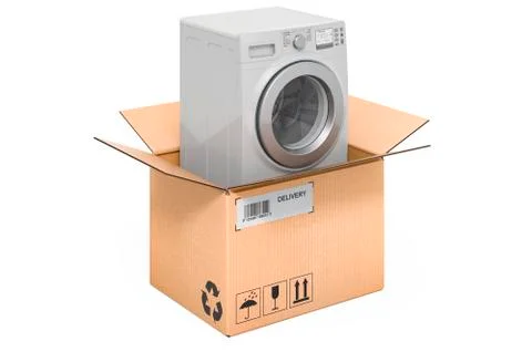 Washing machine inside cardboard box, delivery concept. 3D rendering Stock Illustration