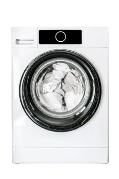 Washing machine isolate on empty white background. Laundry, clean linen concept. Foto stock