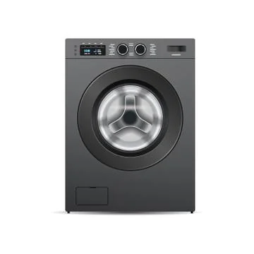 Washing machine isolated on white background front view of steel washer domestic Illustrazione stock