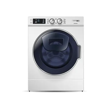 Washing machine isolated on white background front view of steel washer domestic Illustrazione stock