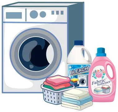 Washing Machine With Laundry Detergents and Folded Clothes Stock Illustration