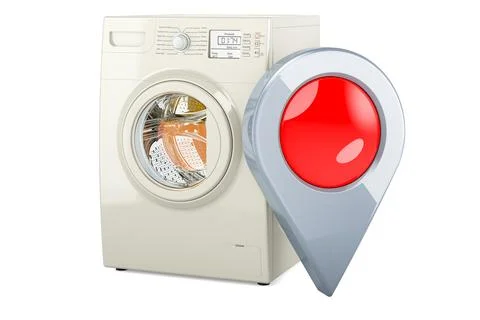 Washing machine with map pointer, 3D rendering Illustrazione stock