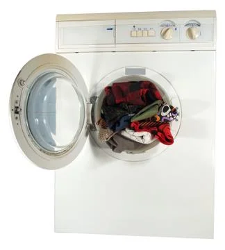 The washing machine with the open hatch inside color linen Stock Photos
