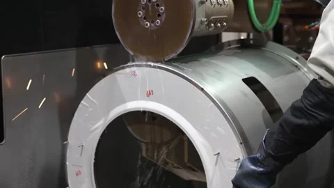 Washing machine outer drum being tested at water spray station with worker Stock Footage 334965069