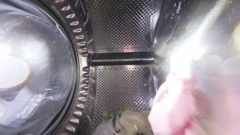 Washing Machine Process with Water Splashing, View from Inside Drum 스톡 동영상 332909089