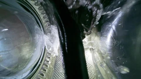 Washing Machine Process with Water Splashing, View from Inside Drum Stock Footage 332909138