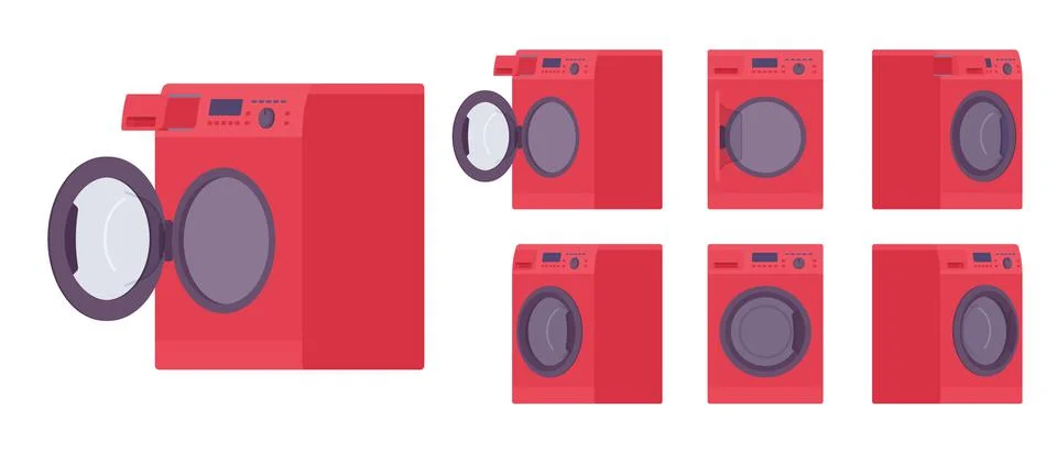Washing Machine red set, laundry clothes washer home appliance Illustrazione stock