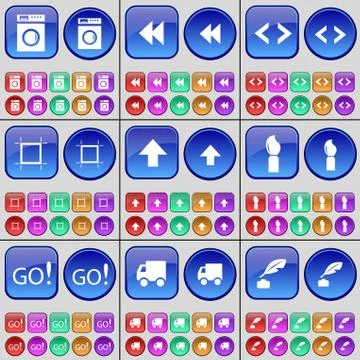 Washing machine, Rewind, Code, Frame, Arrow up, Brush, Go, Truck, Ink pen. A lar Illustration