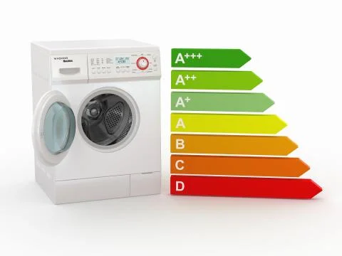 Washing machine with the scale of energy efficiency. 3d Stock Illustration