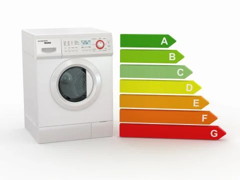 Washing machine with the scale of energy efficiency. 3d Ilustración de archivo