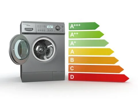 Washing machine with the scale of energy efficiency. 3d Ilustración de archivo
