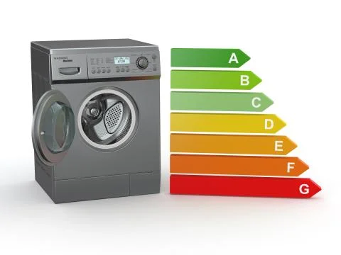 Washing machine with the scale of energy efficiency. 3d Ilustración de archivo