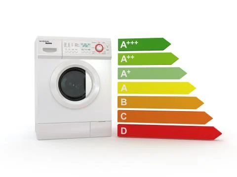 Washing machine with the scale of energy efficiency. 3d Ilustración de archivo
