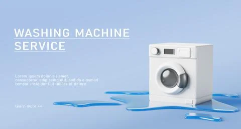Washing machine service web banner. Realistic 3d render of broken washer with Illustrazione stock