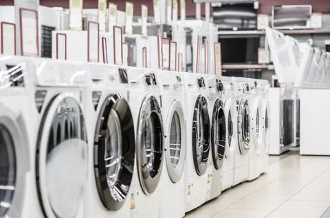 Washing mashines in appliance store Stock Photos
