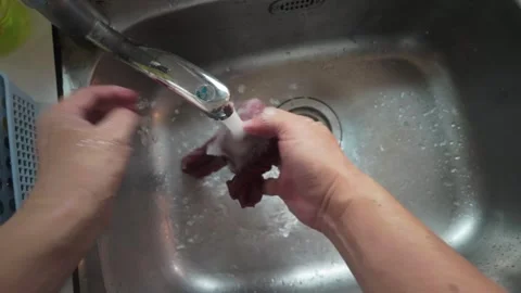 Washing an Old Brown Cloth in a Kitchen Sink Stock Footage 346305229