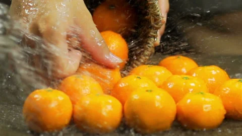 Washing Orange Fruit Slow Motion Stock Footage 130299161