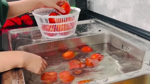 Washing Organic Red Tomatoes in Kitchen Sink - 16:9 Cinematic Stock Stock Footage 338157741