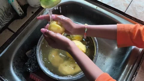 Washing potatoes using clean water Stock Footage 329492501