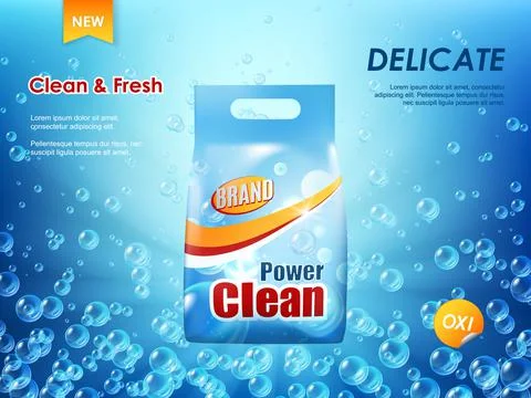 Washing powder packaging, laundry detergent banner Stock Illustration