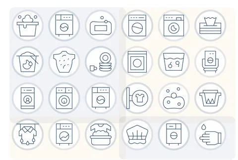 Washing Scalable Vector Set featuring 24 Display Perfect Thin Line 128x128 .. Stock Illustration