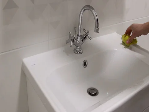 Washing the sink with a yellow cloth Stock Footage 125796997